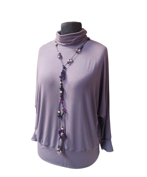 Dzianinowa bluzka z długim rękawem KIMONO i golfem - mocca